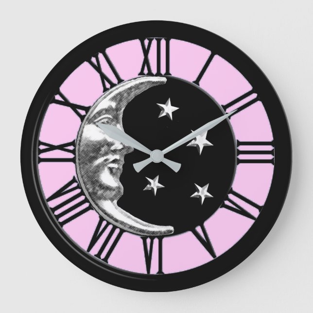 Art Deco Moon and Stars - Black, Pink and Silver Large Clock (Front)