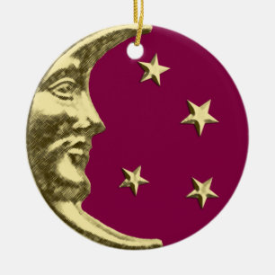 Art Deco Moon and Stars - Burgundy and Gold Ceramic Ornament