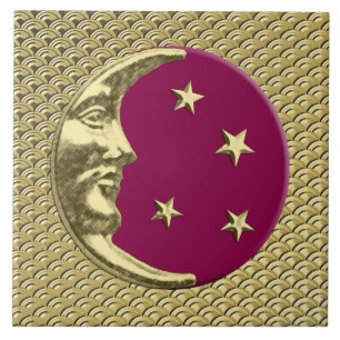 Art Deco Moon and stars - Burgundy and Gold Ceramic Tile