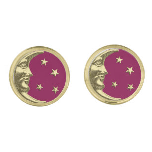 Art Deco Moon and Stars - Burgundy and Gold Cufflinks