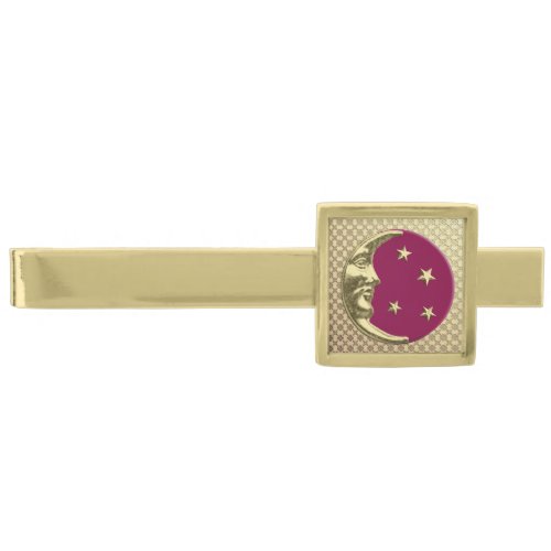 Art Deco Moon and Stars Burgundy and Gold Gold Finish Tie Bar