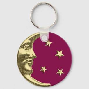 Art Deco Moon and Stars - Burgundy and Gold Keychain