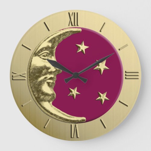 Art Deco Moon and Stars _ Burgundy and Gold Large Clock