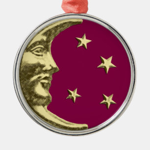 Art Deco Moon and Stars - Burgundy and Gold Metal Ornament