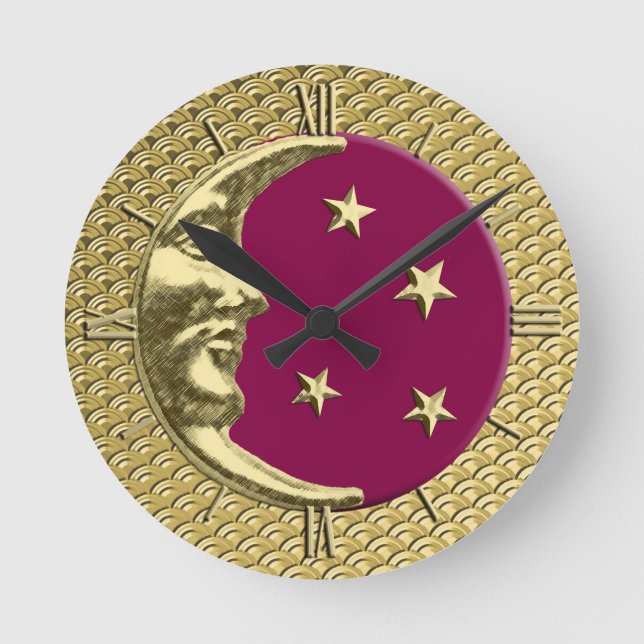 Art Deco Moon and Stars, Burgundy and Gold Round Clock (Front)