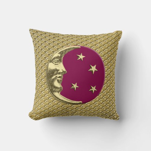 Art Deco Moon and stars _ Burgundy and Gold Throw Pillow