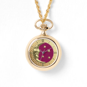 Art Deco Moon and Stars, Burgundy and Gold Watch