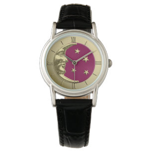 Art Deco Moon and Stars - Burgundy and Gold Watch