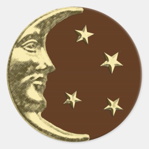 Art Deco Moon and Stars _ Chocolate Brown  Gold Classic Round Sticker