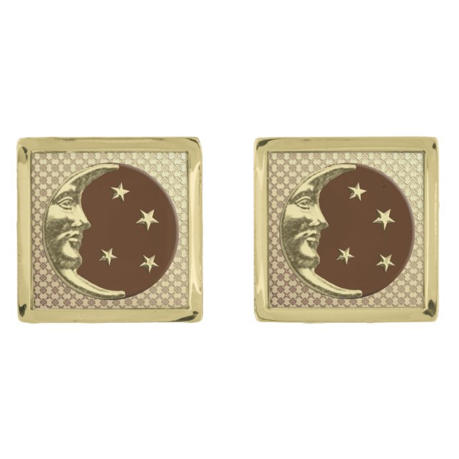Art Deco Moon and Stars, Chocolate Brown & Gold Cufflinks (Front)