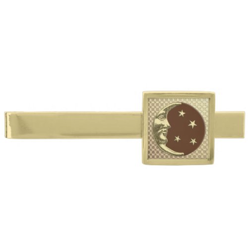 Art Deco Moon and Stars Chocolate Brown  Gold Gold Finish Tie Bar