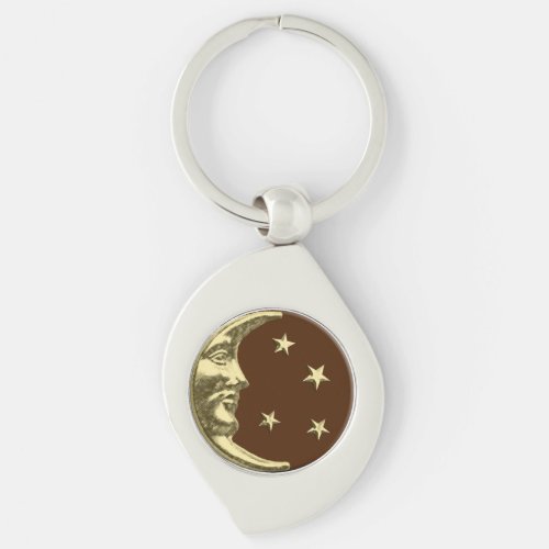 Art Deco Moon and Stars _ Chocolate Brown  Gold Keychain