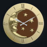 Art Deco Moon and Stars - Chocolate Brown & Gold Large Clock<br><div class="desc">Classic Art Deco moon and stars design in brushed metallic gold,  with an enamel look,  dark chocolate brown background</div>