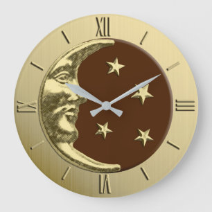 Art Deco Moon and Stars - Chocolate Brown & Gold Large Clock