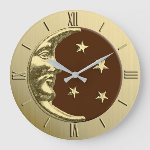 Art Deco Moon and Stars _ Chocolate Brown  Gold Large Clock