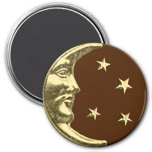 Art Deco Moon and Stars _ Chocolate Brown  Gold Magnet