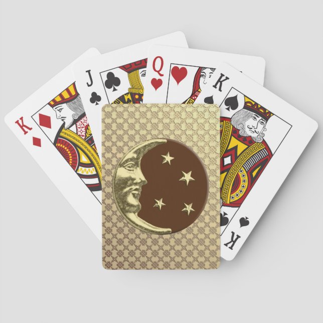 Art Deco Moon and Stars, Chocolate Brown & Gold Poker Cards (Back)