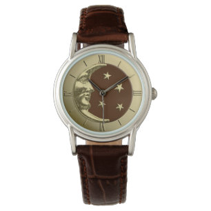 Art Deco Moon and Stars - Chocolate Brown & Gold Watch