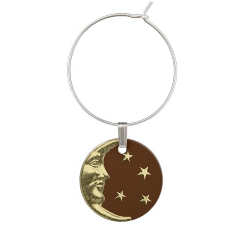 Art Deco Moon and Stars _ Chocolate Brown  Gold Wine Glass Charm