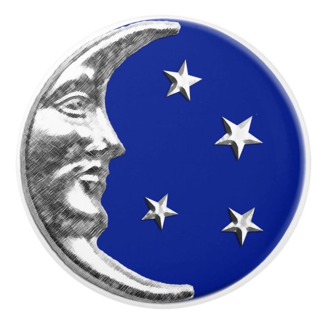 Art Deco Moon and stars - Cobalt Blue and Silver Ceramic Knob (Front)