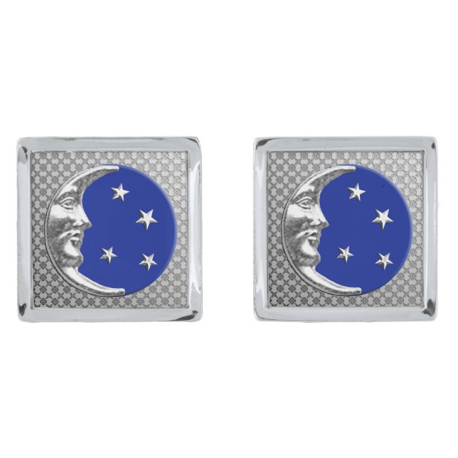 Art Deco Moon and Stars, Cobalt Blue and Silver Cufflinks (Front)