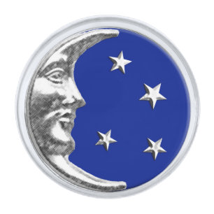 Art Deco Moon and Stars - Cobalt Blue and Silver Finish Lapel Pin