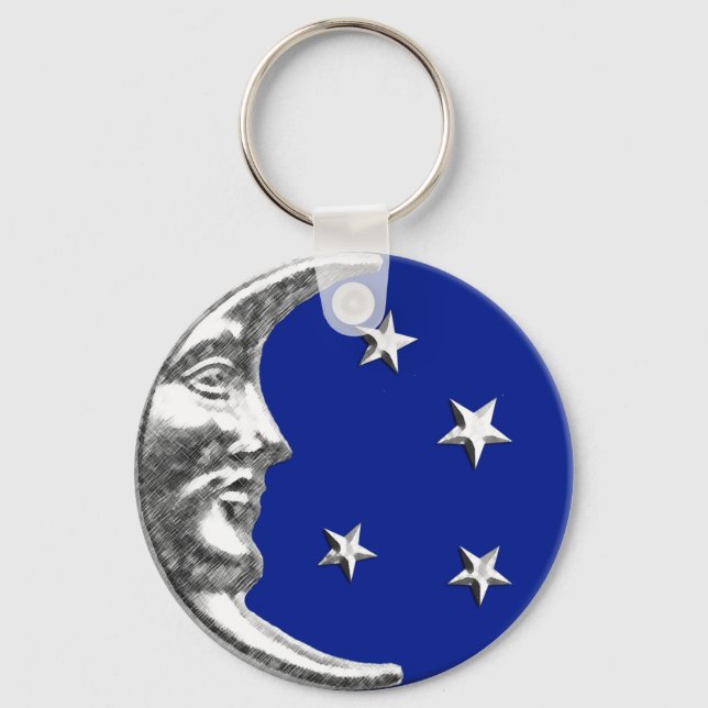 Art Deco Moon and Stars - Cobalt Blue and Silver Keychain (Front)