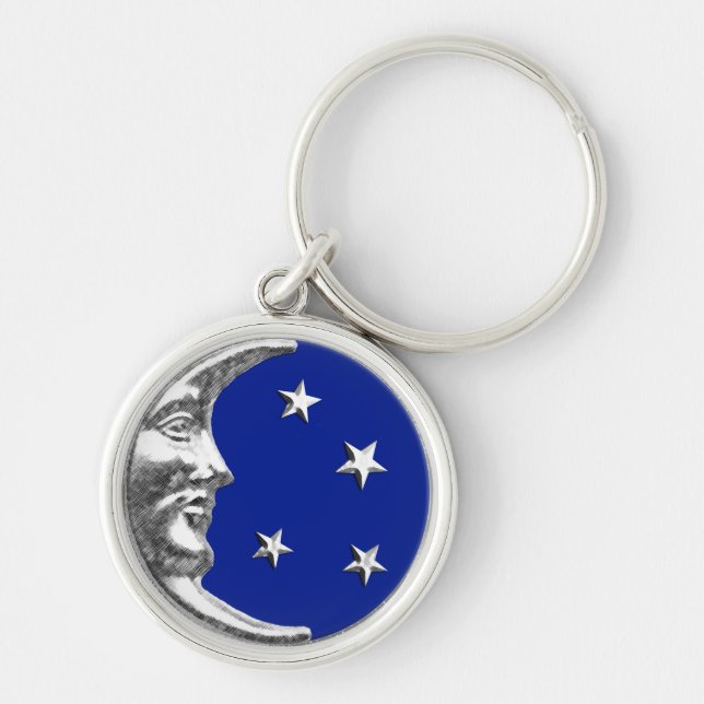 Art Deco Moon and Stars - Cobalt Blue and Silver Keychain (Front)