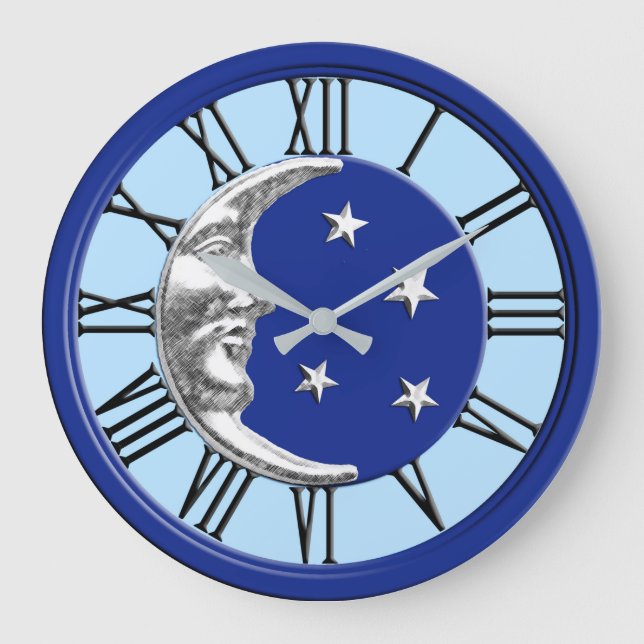 Art Deco Moon and Stars - Cobalt Blue and Silver Large Clock (Front)
