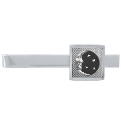 Art Deco Moon and Stars Cobalt Blue and Silver Si Silver Finish Tie Bar