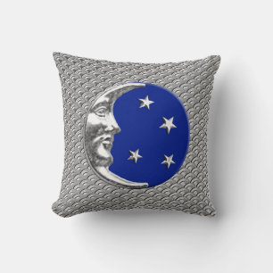 Art Deco Moon and stars -  Cobalt Blue and Silver Throw Pillow