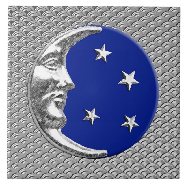 Art Deco Moon and stars - Cobalt Blue and Silver Tile (Front)