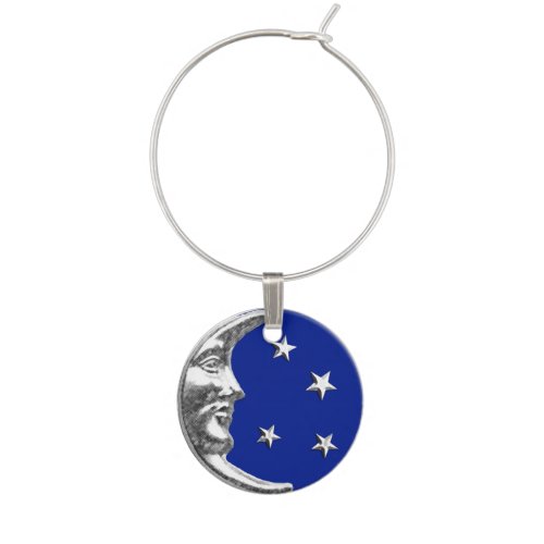 Art Deco Moon and Stars _ Cobalt Blue and Silver Wine Glass Charm