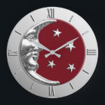 Art Deco Moon and Stars - Dark Red and Silver Large Clock<br><div class="desc">Classic Art Deco moon and stars design in brushed metallic silver,  with an enamel look,  deep Chinese red background</div>