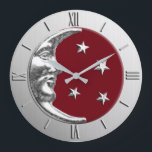 Art Deco Moon and Stars - Dark Red and Silver Large Clock<br><div class="desc">Classic Art Deco moon and stars design in brushed metallic silver,  with an enamel look,  deep Chinese red background</div>