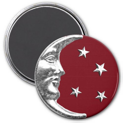 Art Deco Moon and Stars _ Dark Red and Silver Magnet