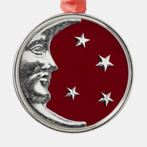 Art Deco Moon and Stars _ Dark Red and Silver Metal Ornament