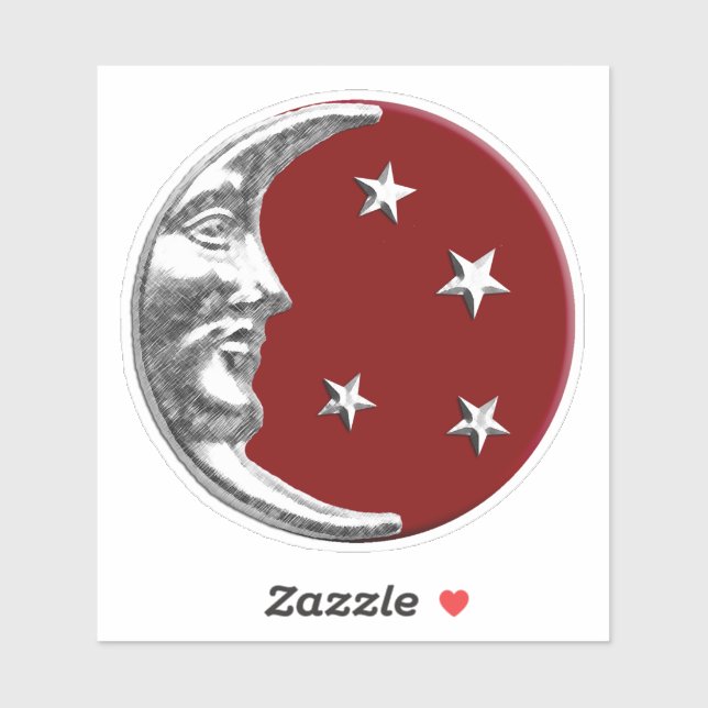 Art Deco Moon and stars - Dark Red and Silver Sticker (Sheet)