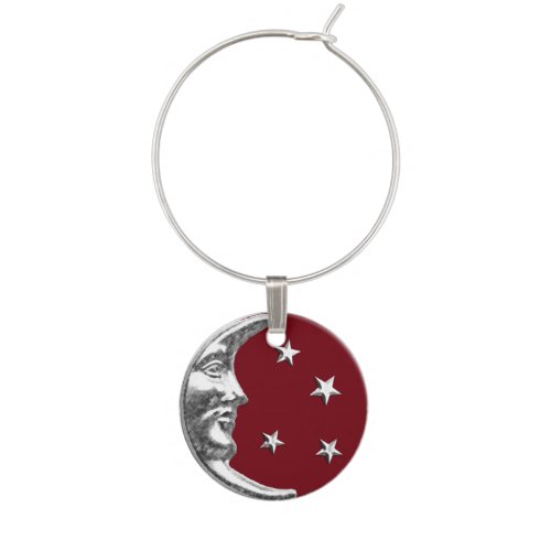 Art Deco Moon and Stars _ Dark Red and Silver Wine Charm