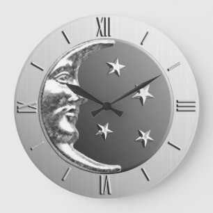 Art Deco Moon and Stars - Gray / Gray and Silver Large Clock