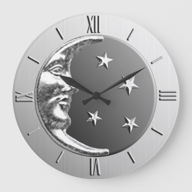 Art Deco Moon and Stars - Gray / Gray and Silver Large Clock (Front)