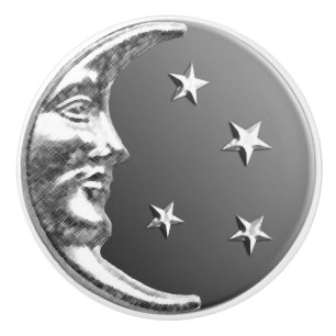 Art Deco Moon and stars - Grey / Gray and Silver Ceramic Knob