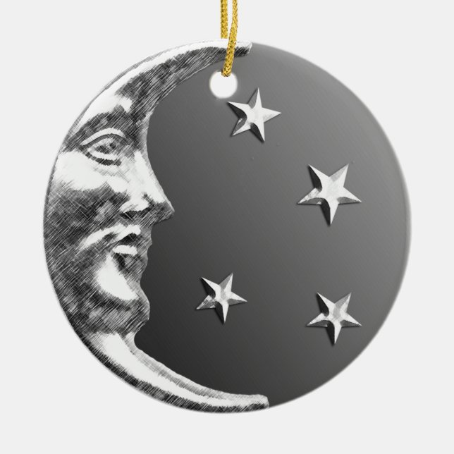 Art Deco Moon and Stars - Grey / Gray and Silver Ceramic Ornament (Front)