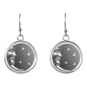 Art Deco Moon and stars - Grey / Gray and Silver Earrings