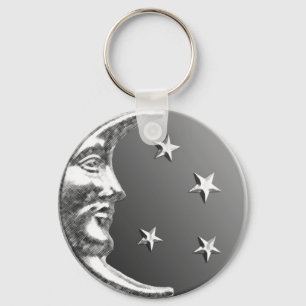 Art Deco Moon and Stars - Grey / Gray and Silver Keychain