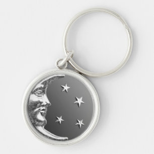 Art Deco Moon and Stars - Grey / Gray and Silver Keychain