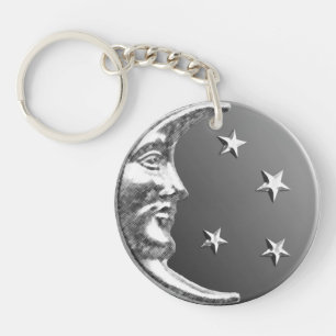 Art Deco Moon and Stars - Grey / Gray and Silver Keychain
