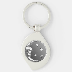 Art Deco Moon and Stars - Grey / Gray and Silver Keychain