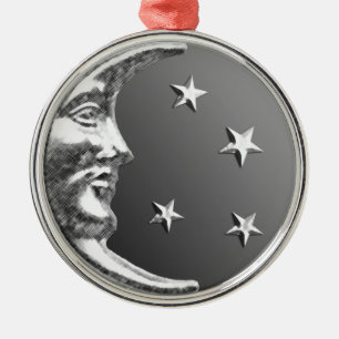 Art Deco Moon and Stars - Grey / Gray and Silver Metal Ornament