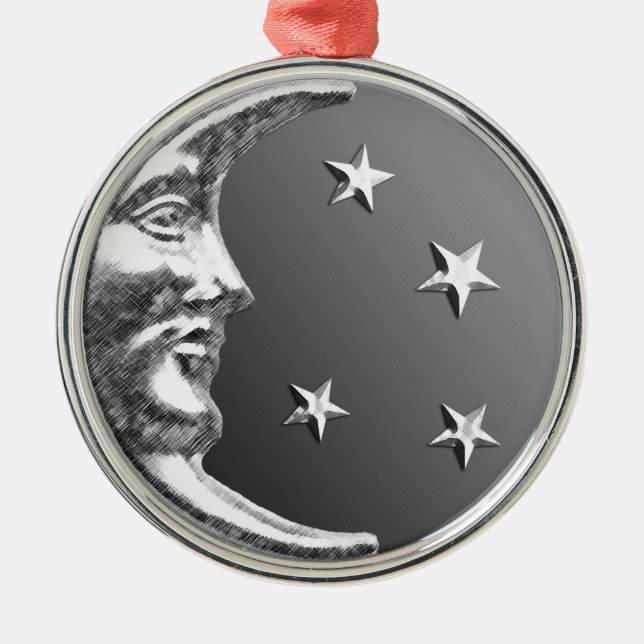 Art Deco Moon and Stars - Grey / Gray and Silver Metal Ornament (Front)